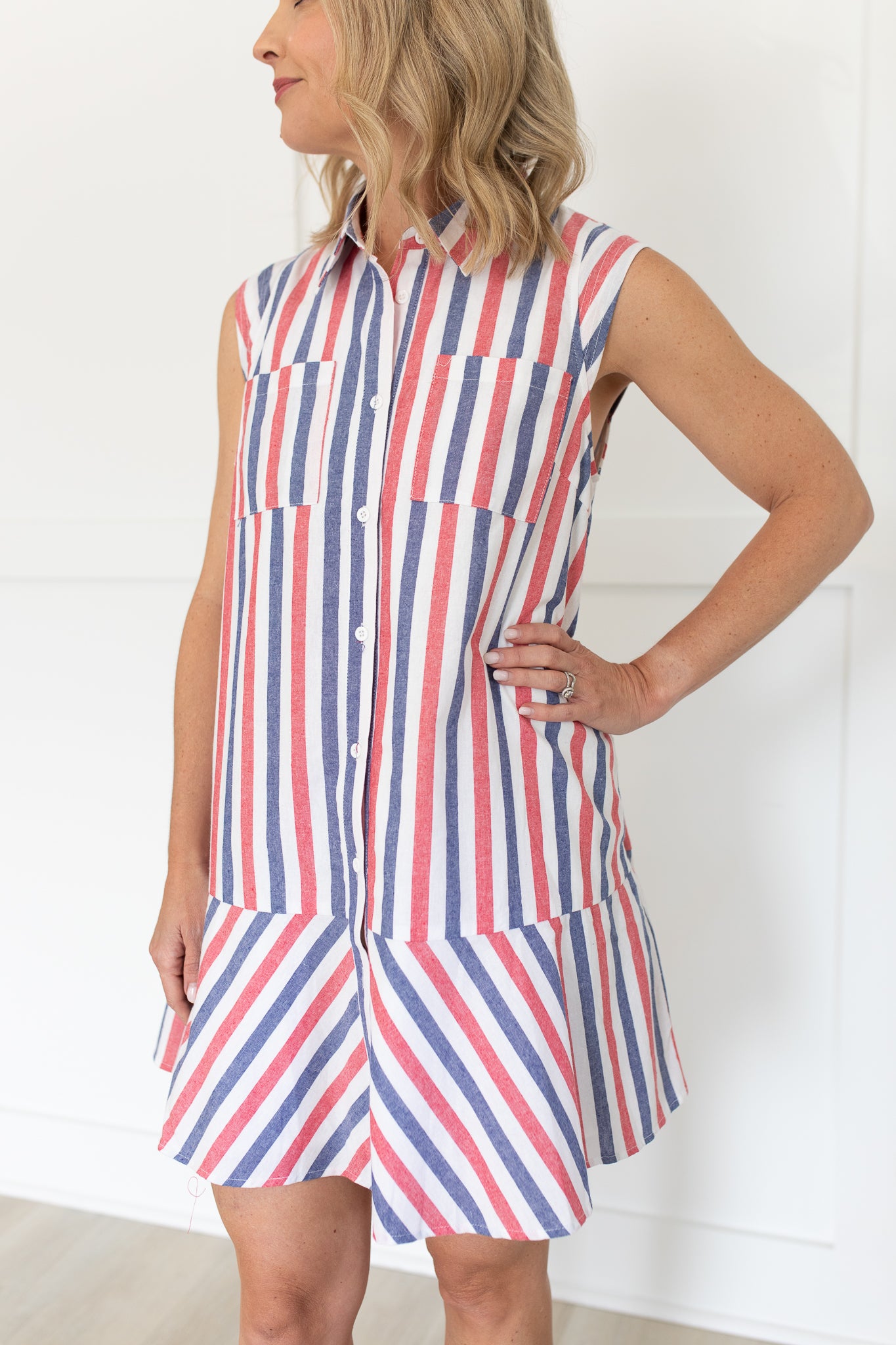 Red, White and Blue Striped Sleeveless Collared Dress Medium