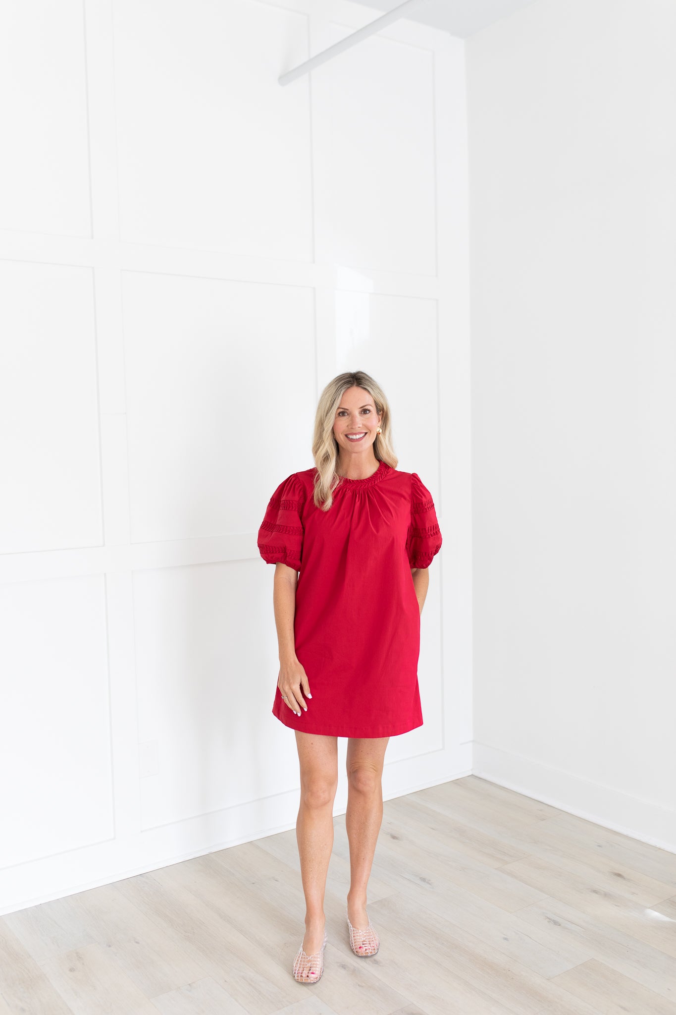 red puff sleeve mini dress Beloved Puff Sleeve Linen Blend Mini Dress Red Polka