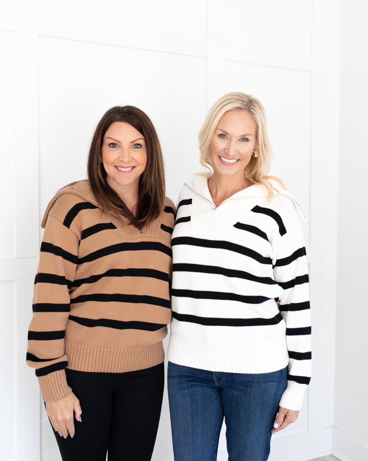 White/Black Striped Knit Zip Pullover Sweater