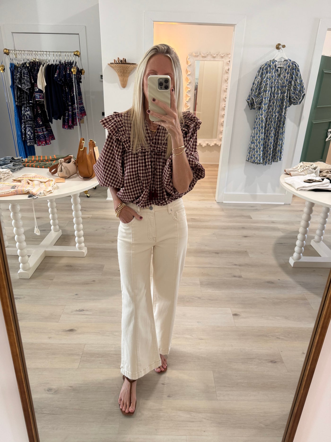 Burgundy & Neutral Gingham Long Sleeve Blouse