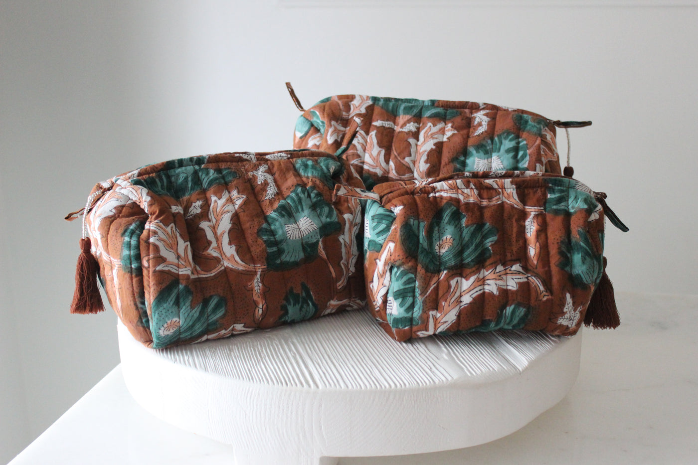 Large Brown Floral Set of 3 Cosmetic Bags
