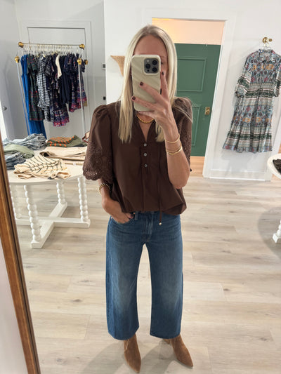 Brown Eyelet Scallop Sleeve Top