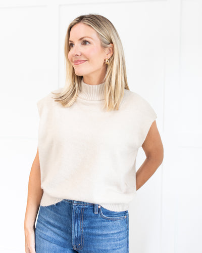 Taupe Mock Neck Cap Sleeve Sweater