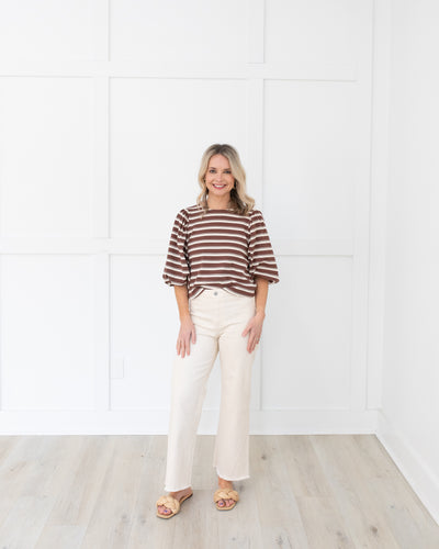 Brown and Cream Striped Balloon Sleeve Top