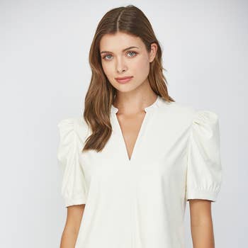 Cream Split Neck Vegan Leather Top