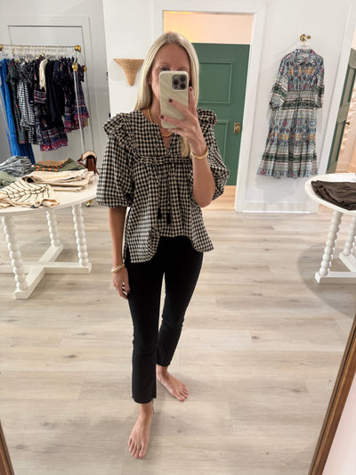 Black and Neutral Gingham Long Sleeve Blouse