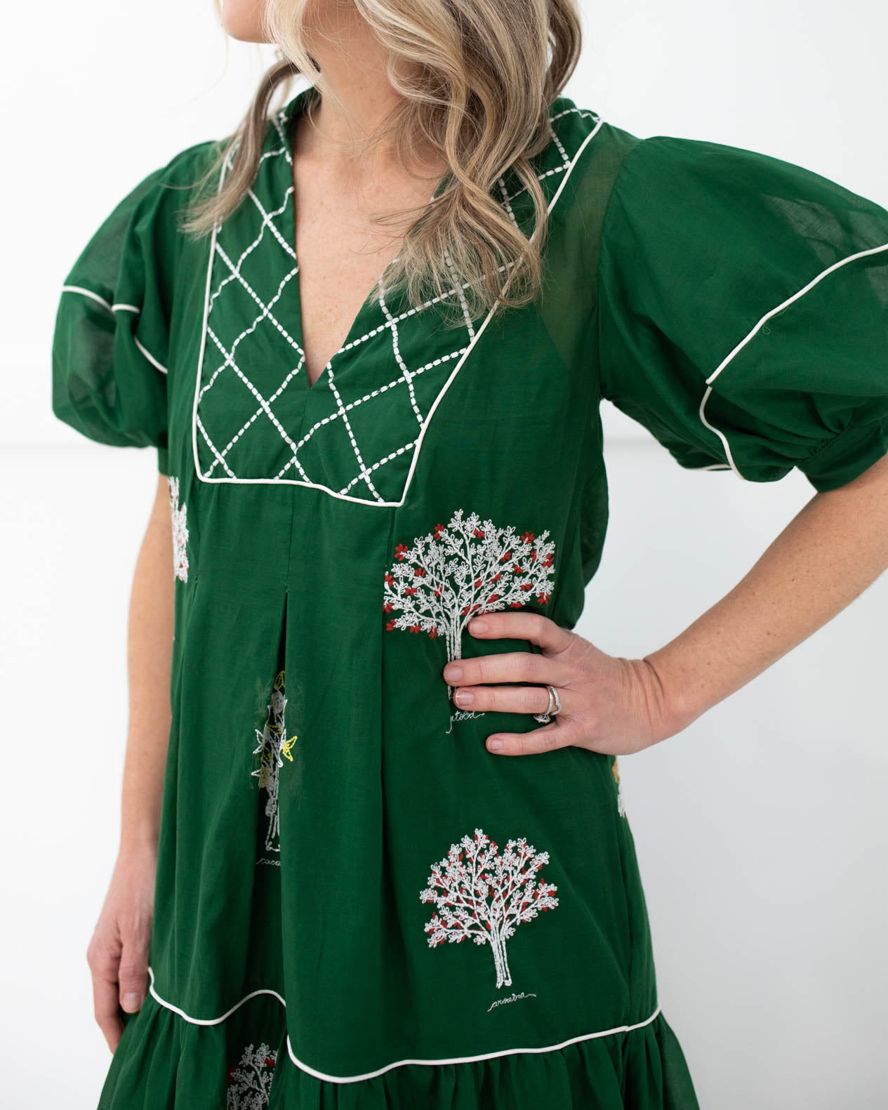 Embroidered Trees Short Sleeve Midi Dress by FARM RIO