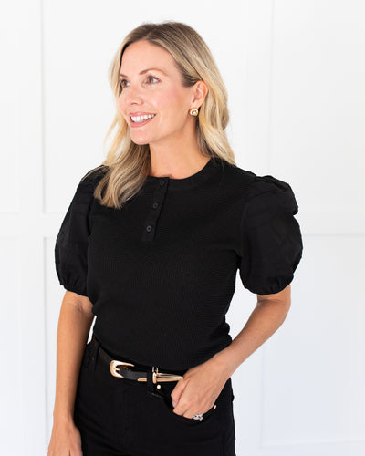 Black Knit Top With Poplin Puff Sleeves