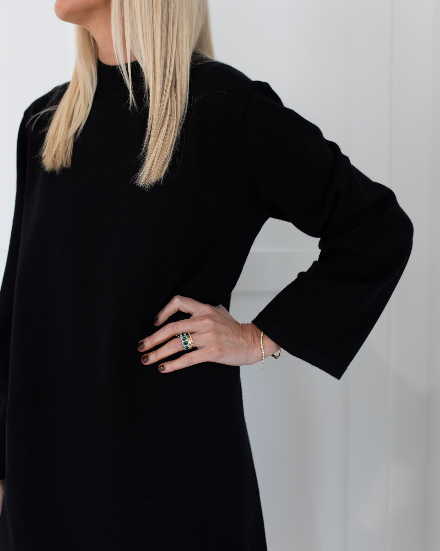 Black Long Sleeve Mock Neck Midi Dress