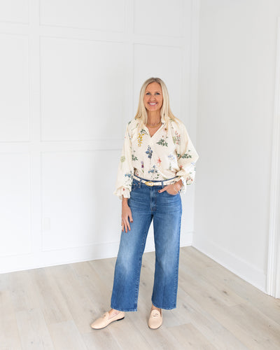 Cream with Floral Scallop Neck Blouse