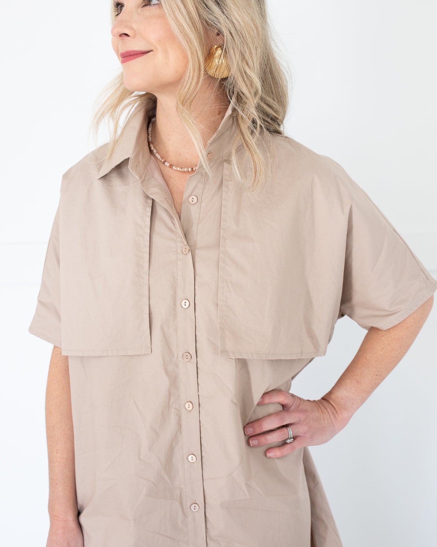 Taupe Shirt Dress with Shoulder Flap