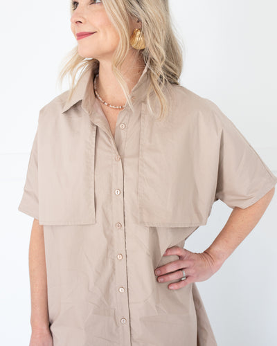 Taupe Shirt Dress with Shoulder Flap