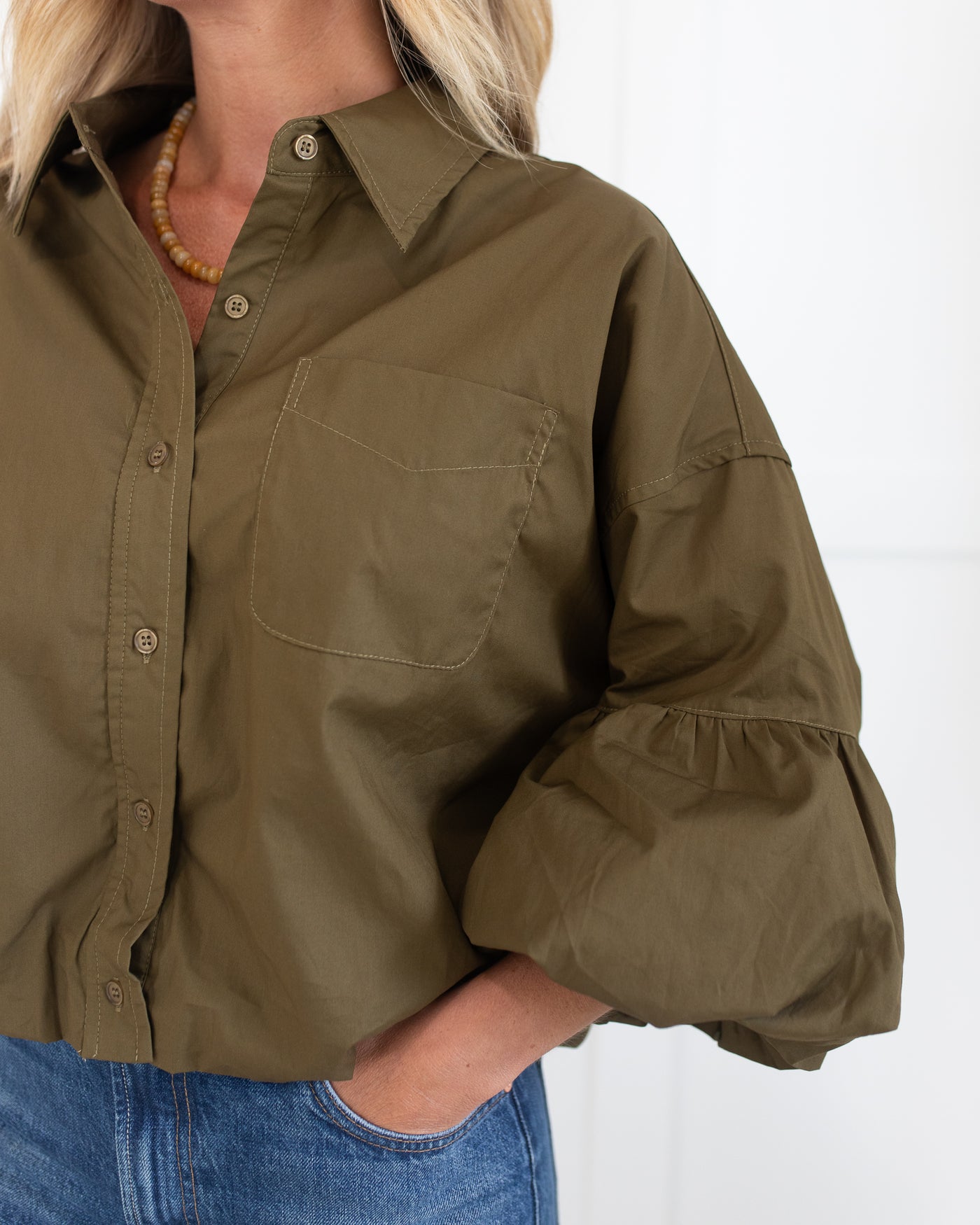 Olive Button Down Bubble Sleeve Blouse
