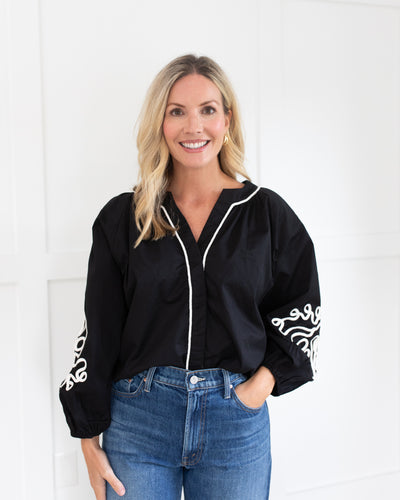 Black with White Embroidery on Puff Sleeves Blouse