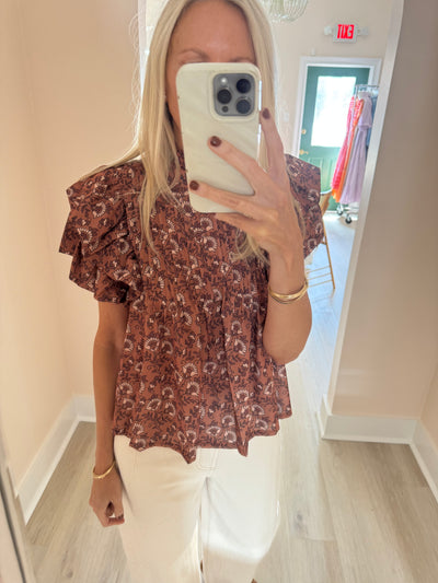 Brown Floral Pintuck Ruffle Sleeve Blouse