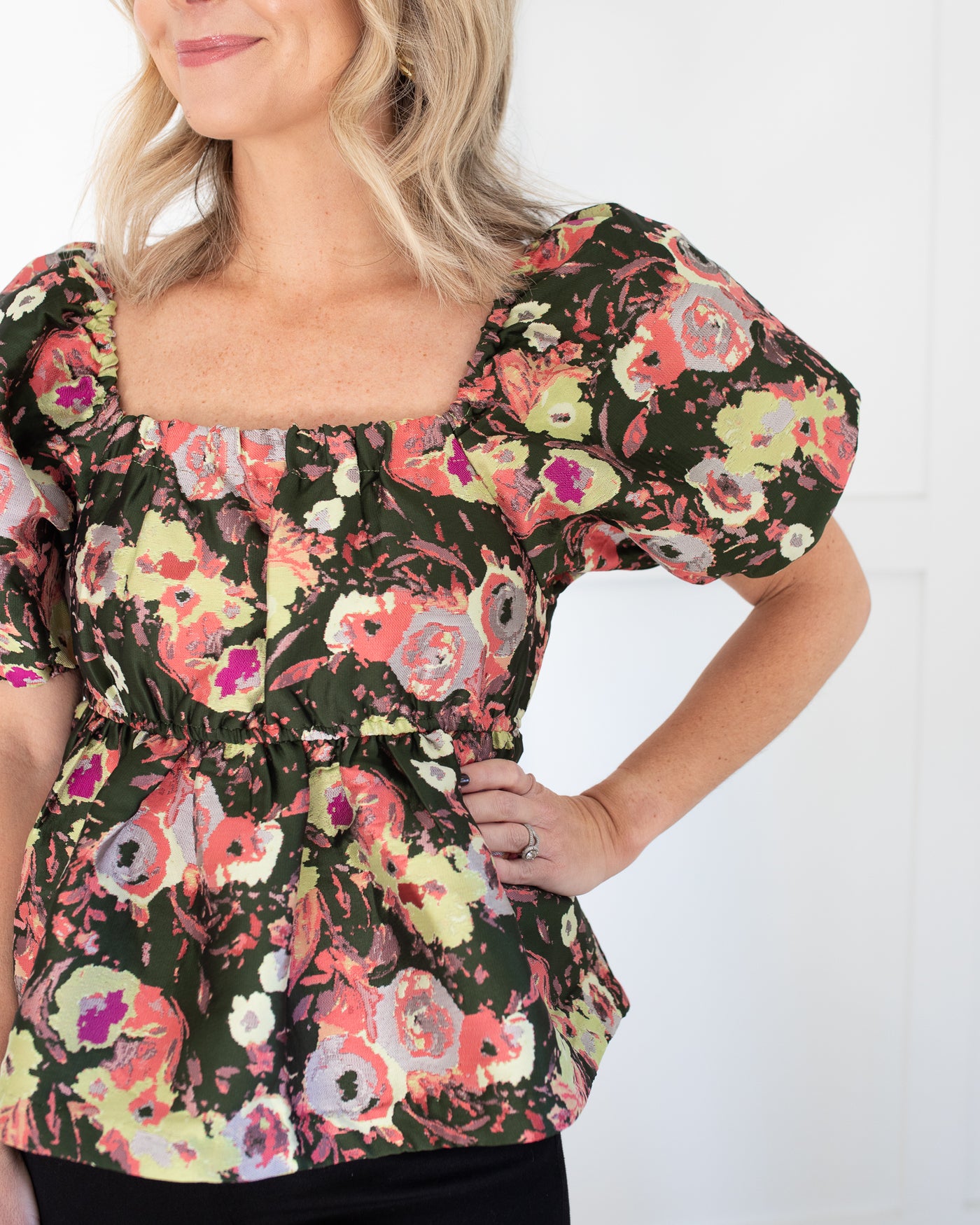 Dark Green Floral Peplum Top