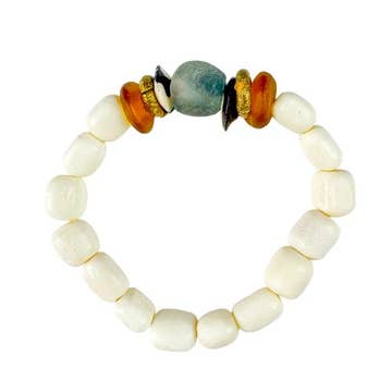 White Bone Bead Bracelet with Blue Stone