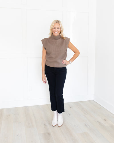 Taupe Sleeveless Shoulder Pad Knit Top
