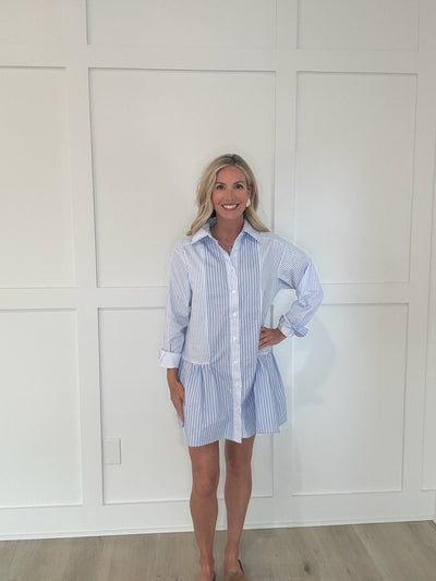 Blue & White Striped Shirt Dress with Drop Waist