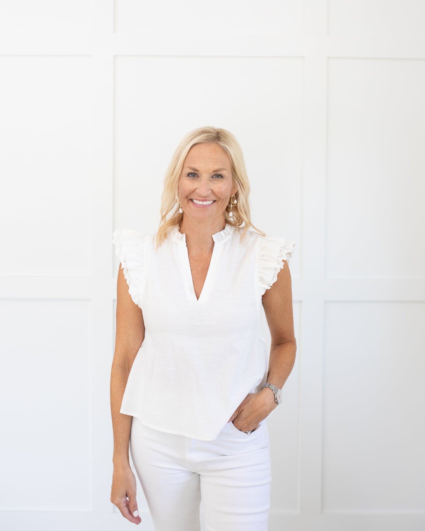 White Linen Eyelet Flutter Sleeve V-Neck Blouse