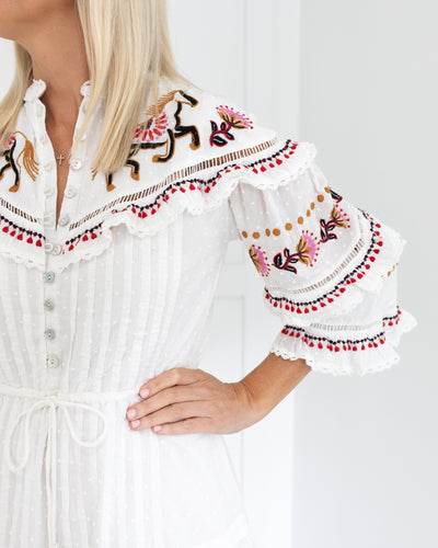 Off-White Embroidered Horses Ruffle Mini Dress by FARM RIO