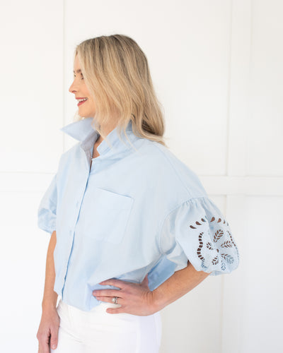 Light Blue Blouse with Embroidered Sleeve