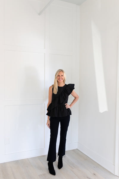 Black Dressy Front Ruffle Peplum Top