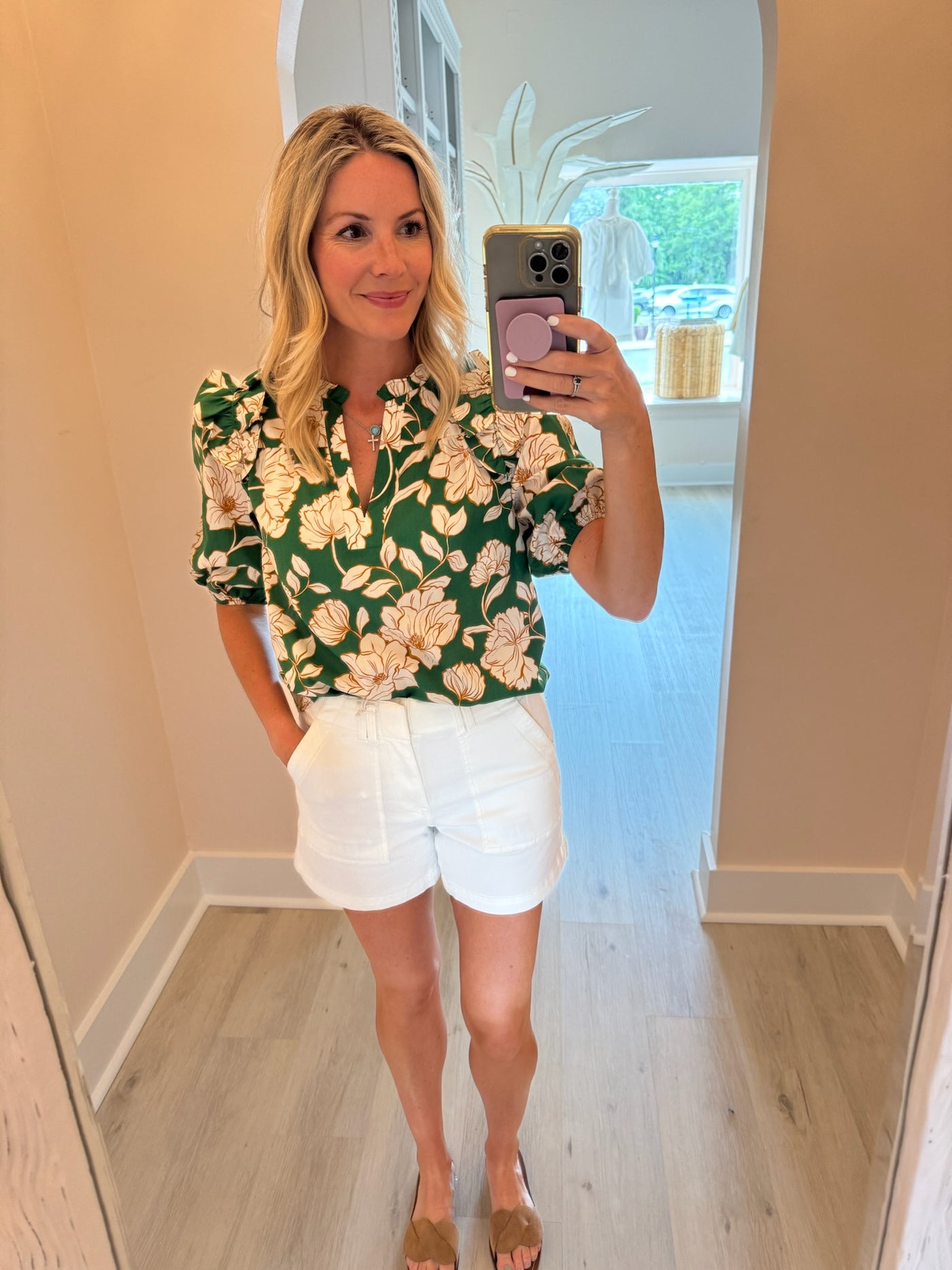 Green, Ivory and Brown Floral Ruffle Vneck Blouse