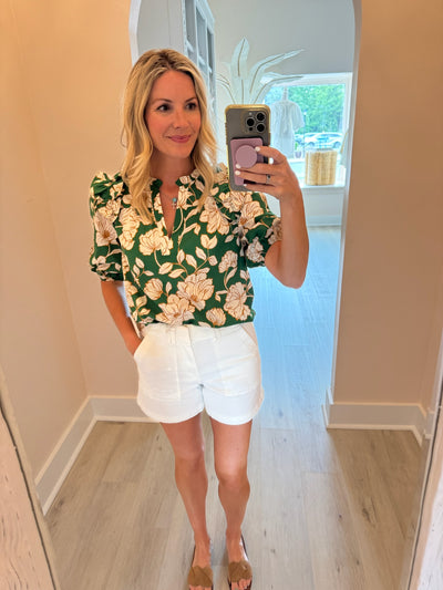 Green, Ivory and Brown Floral Ruffle Vneck Blouse