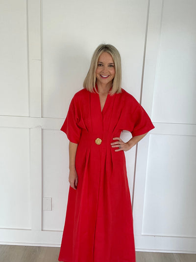 Red V Neck Pleated Dress with Gold Button Detail