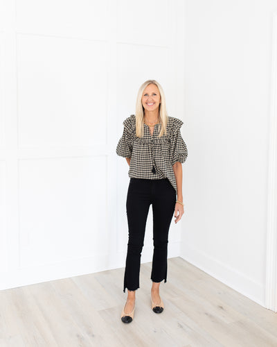 Black and Neutral Gingham Long Sleeve Blouse