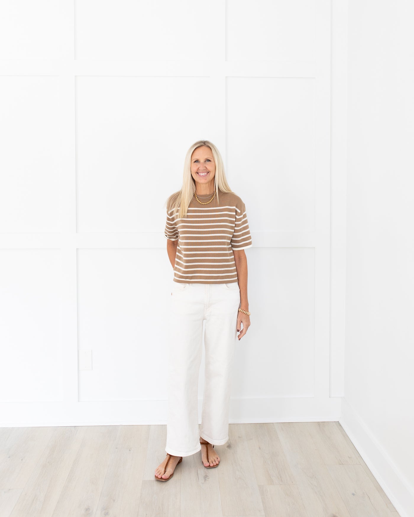 Latte & Ivory Knit Short Sleeve Stripe Sweater