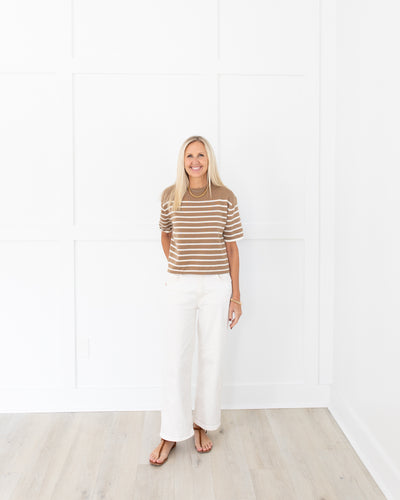 Latte & Ivory Knit Short Sleeve Stripe Sweater