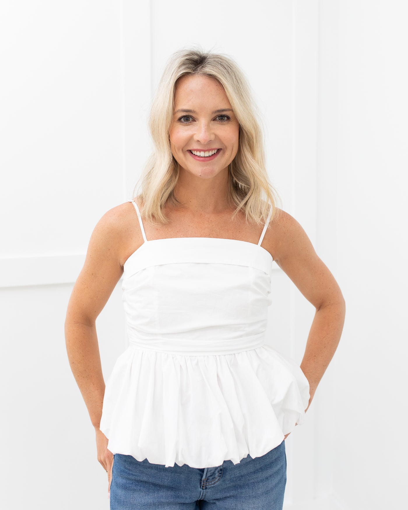 Bubbled Hem Sleeveless Top in Off White