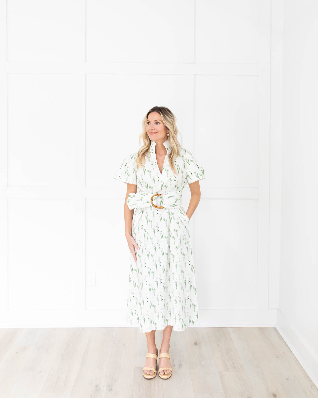 Green and White Floral Midi Dress with V Front Collar, Pockets and Belt