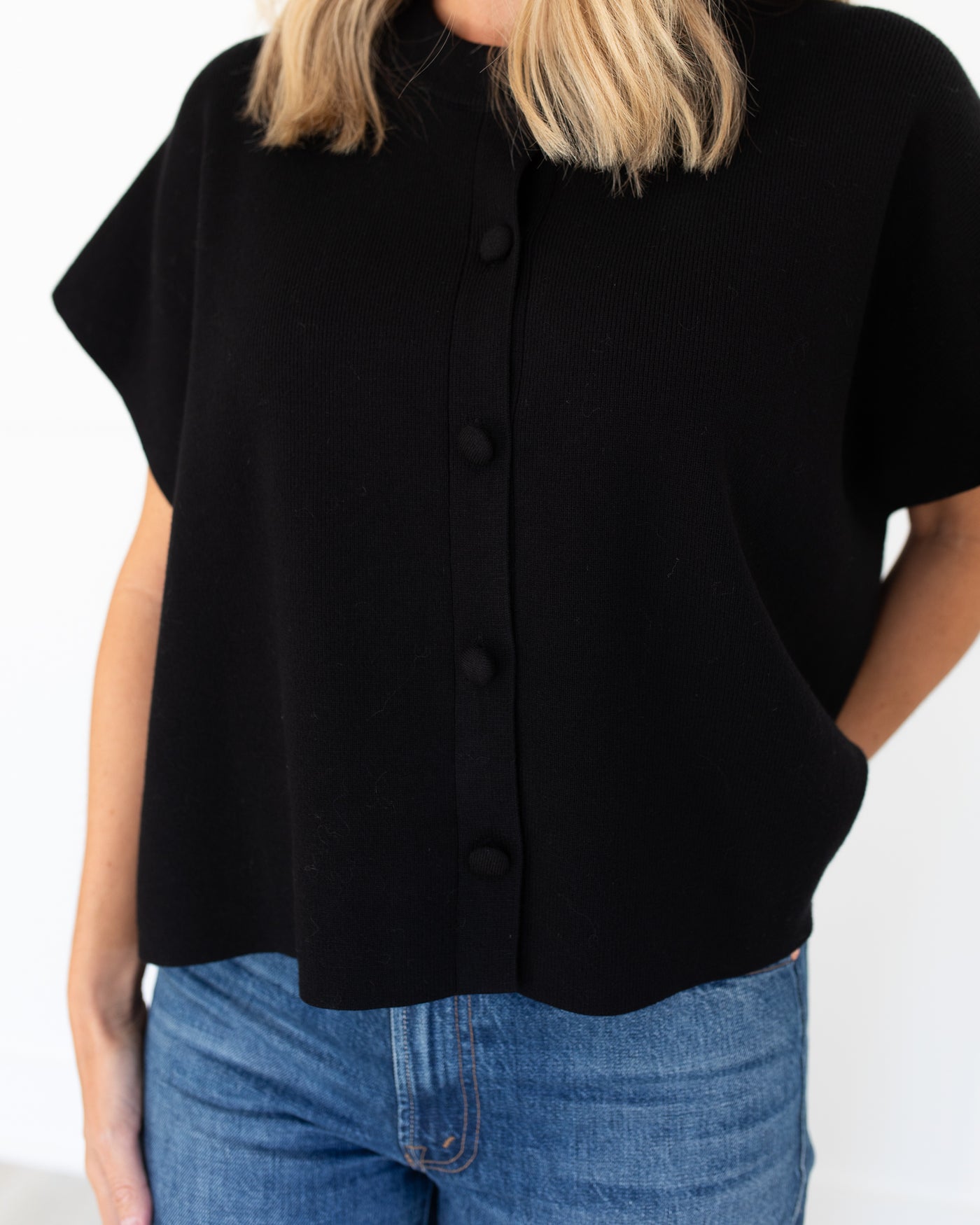 Black Knit Soft Short Sleeve Sweater w/Buttons