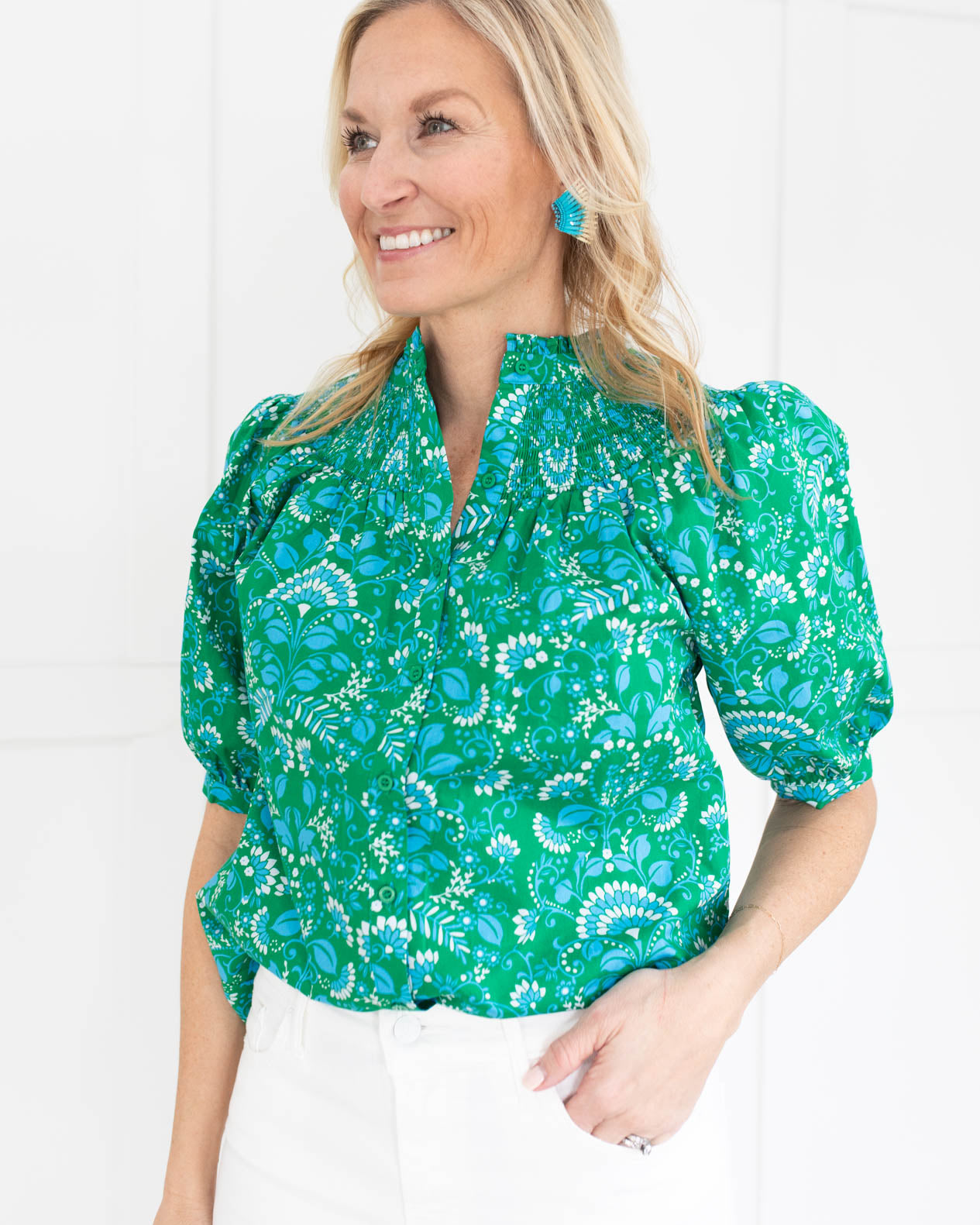 Green and Blue Smocked Blouse