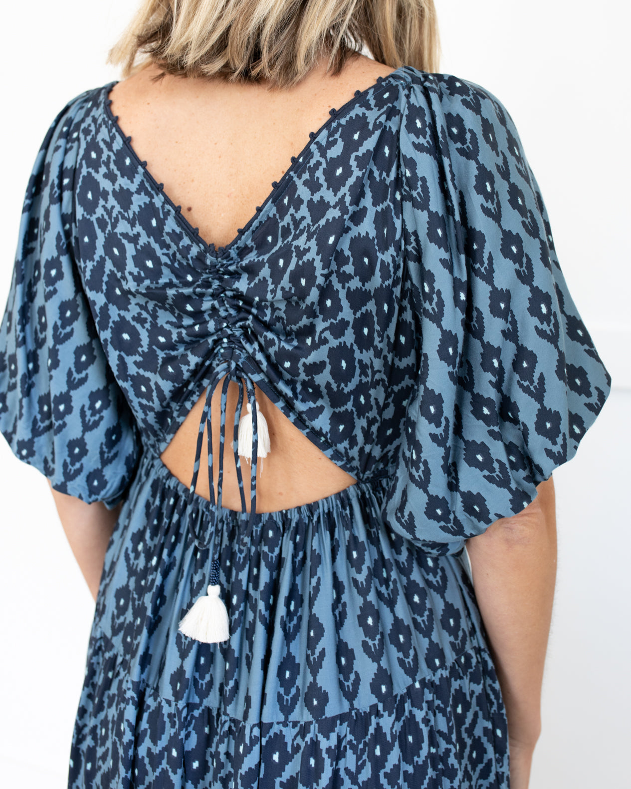 Blue with Navy Print Bubble Sleeve Maxi