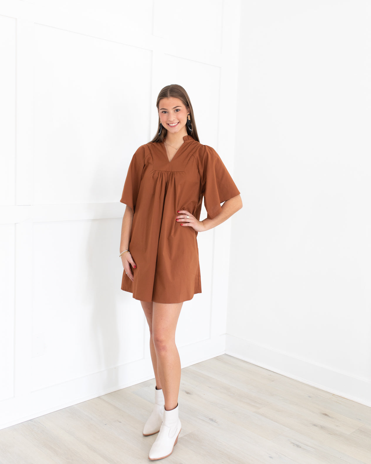 V-Neck Ruffle Dress In Bronze with Bell Sleeves