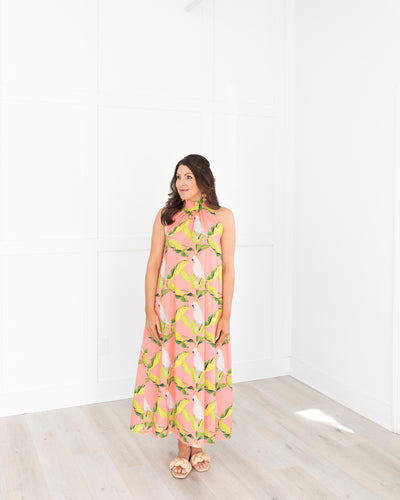 Coral Parrot Halter Maxi Dress with Tie