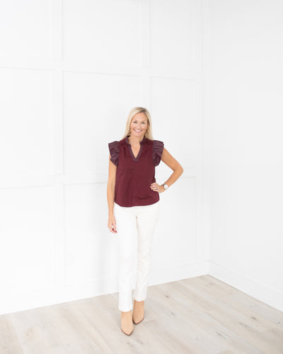 Burgundy Vegan Leather and Poplin Ruffle Sleeve Blouse