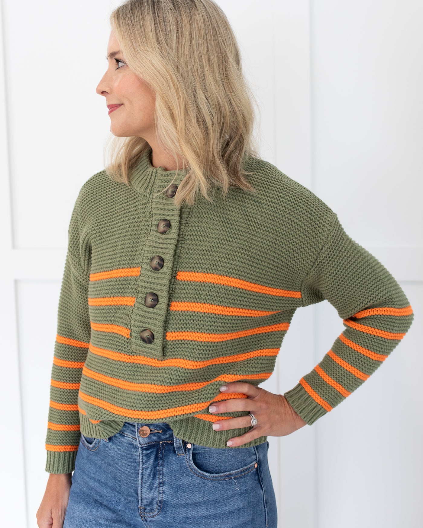 Moss and Orange Button Front Sweater