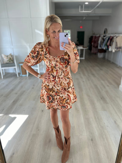 Vibrant Fall Floral Pleated Mini Dress