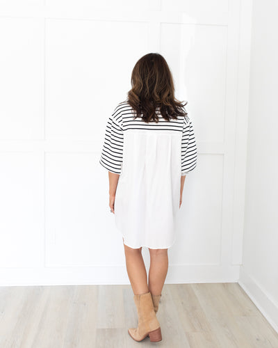 White and Navy Striped Poplin Crewneck Dress