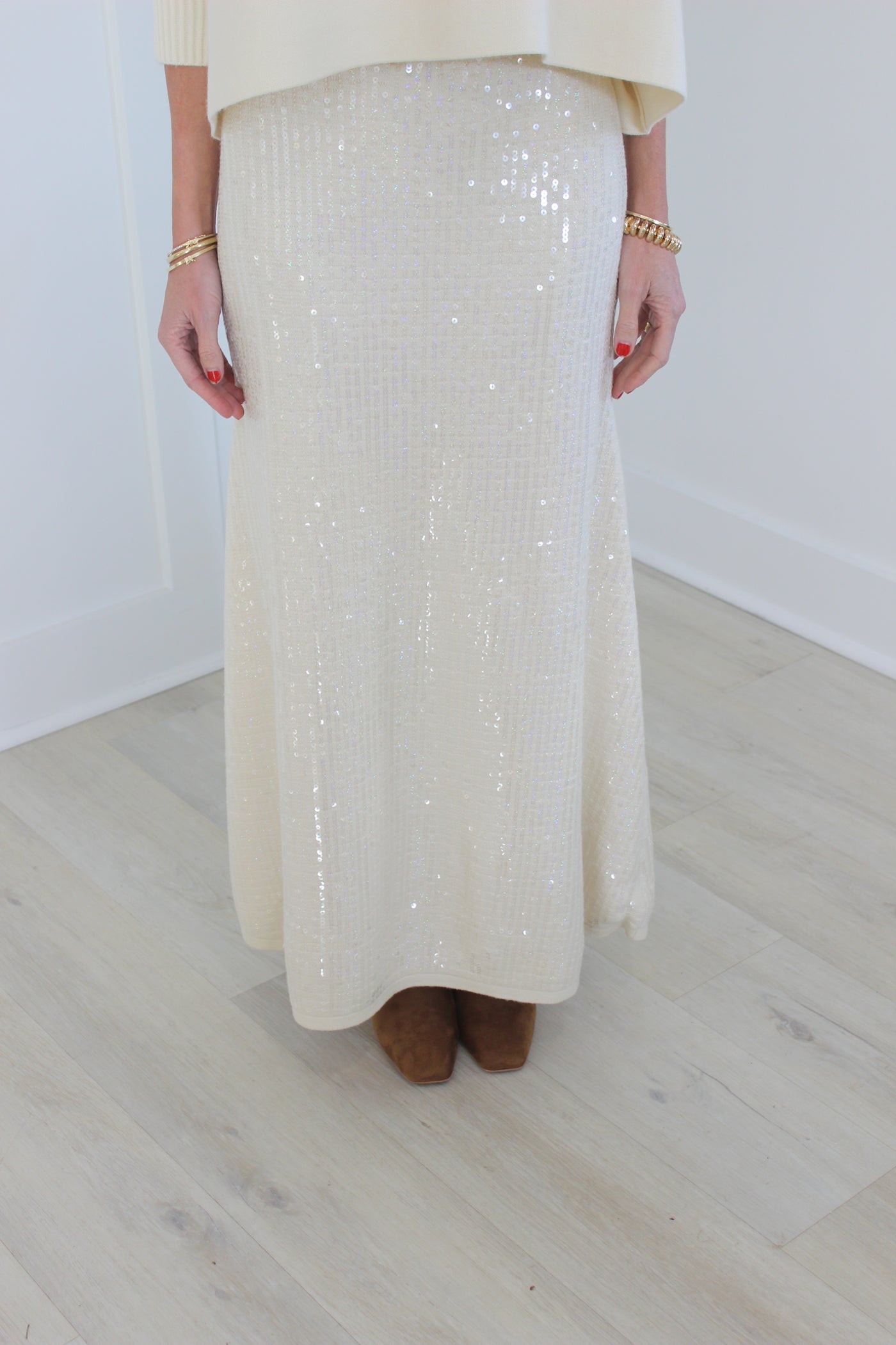 Cream Knit Maxi Skirt with Sequins