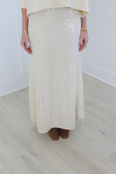 Cream Knit Maxi Skirt with Sequins
