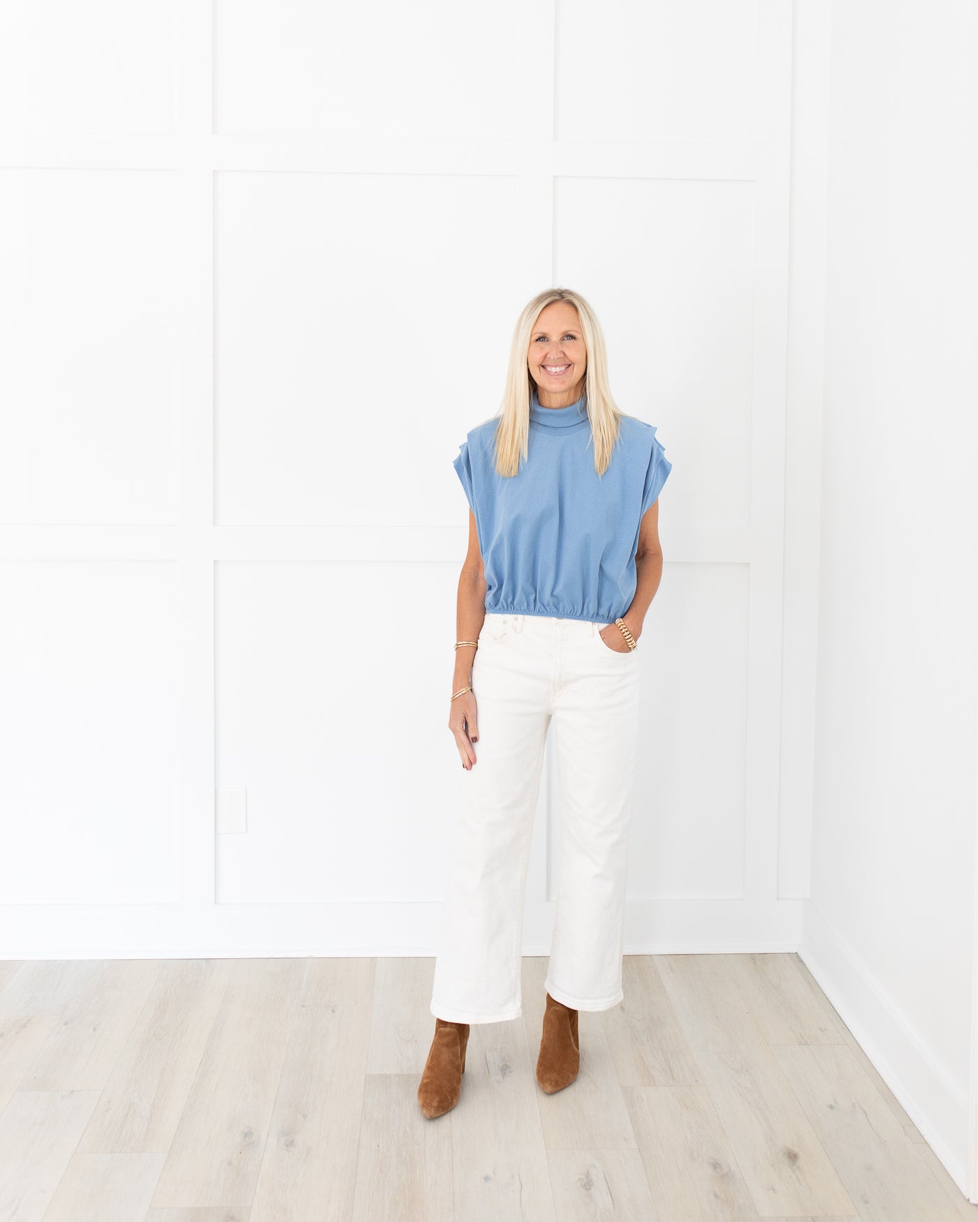 Sky Blue Shoulder Pleat Sleeveless Blouse