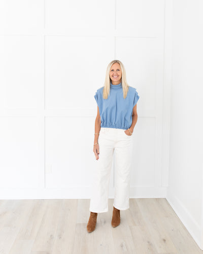 Sky Blue Shoulder Pleat Sleeveless Blouse