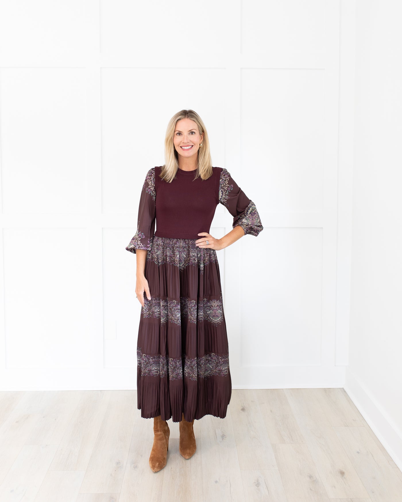 Plum Sweater Pleated Dress