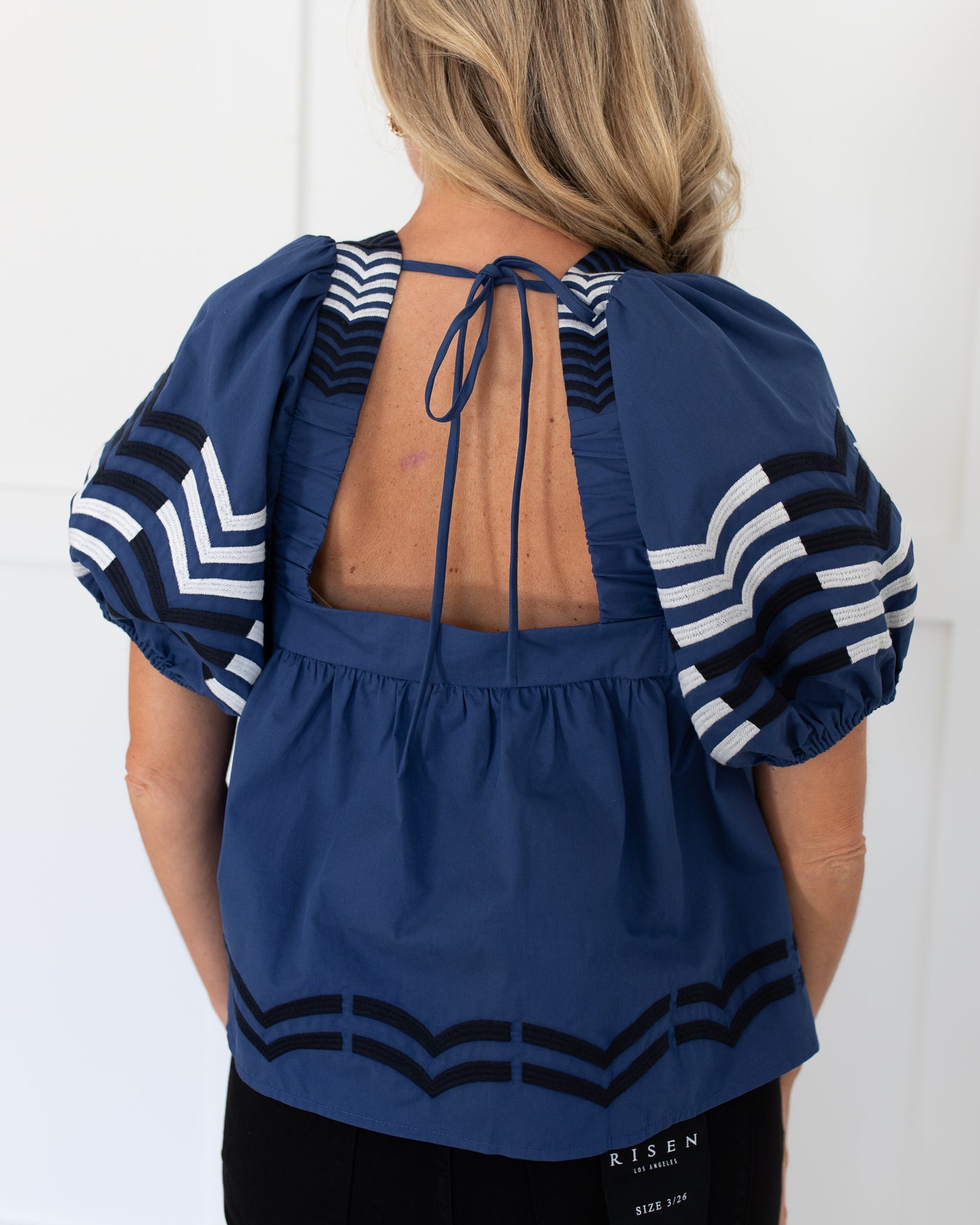 Navy Square Neck Blouse with Embroidered Puff Sleeves